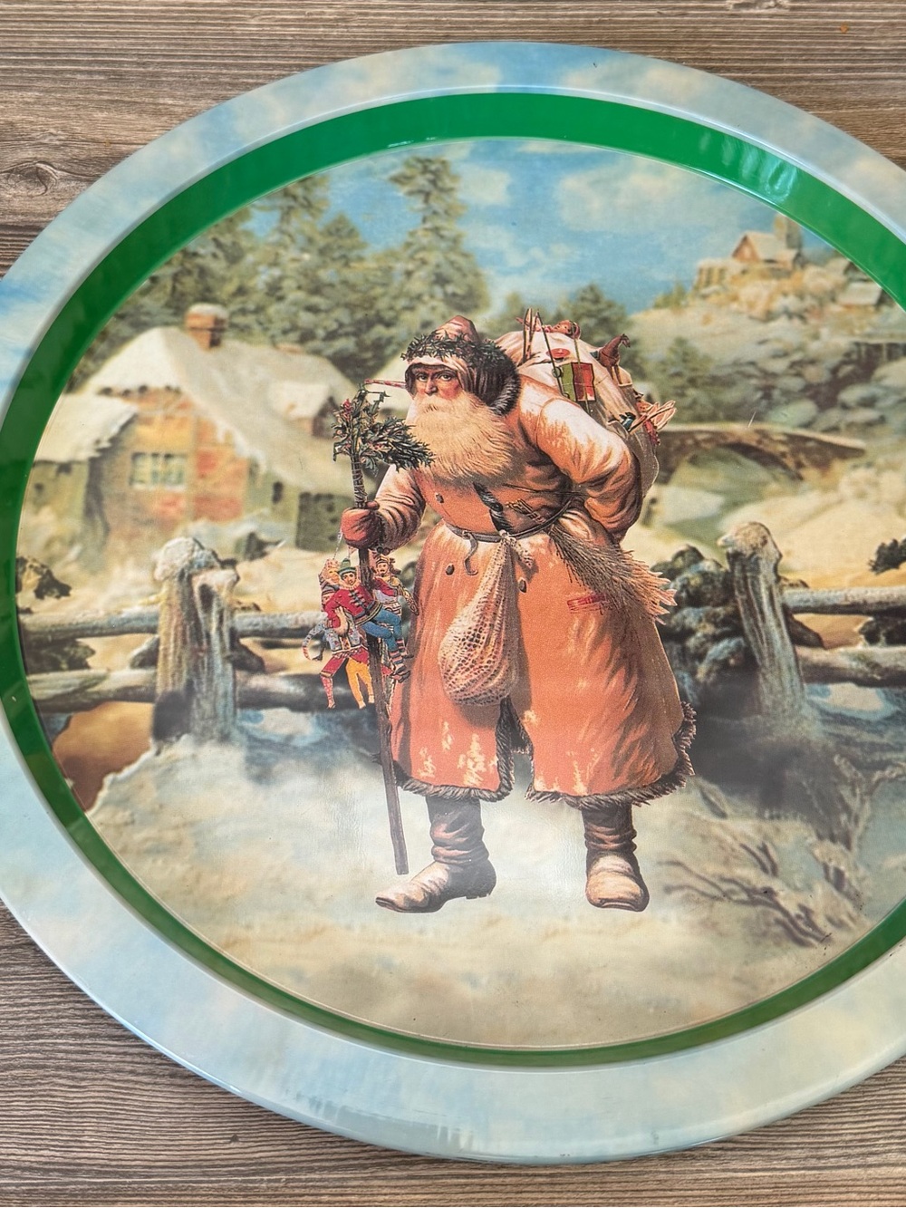Vintage Santa Christmas Serving Tray - Green Accent